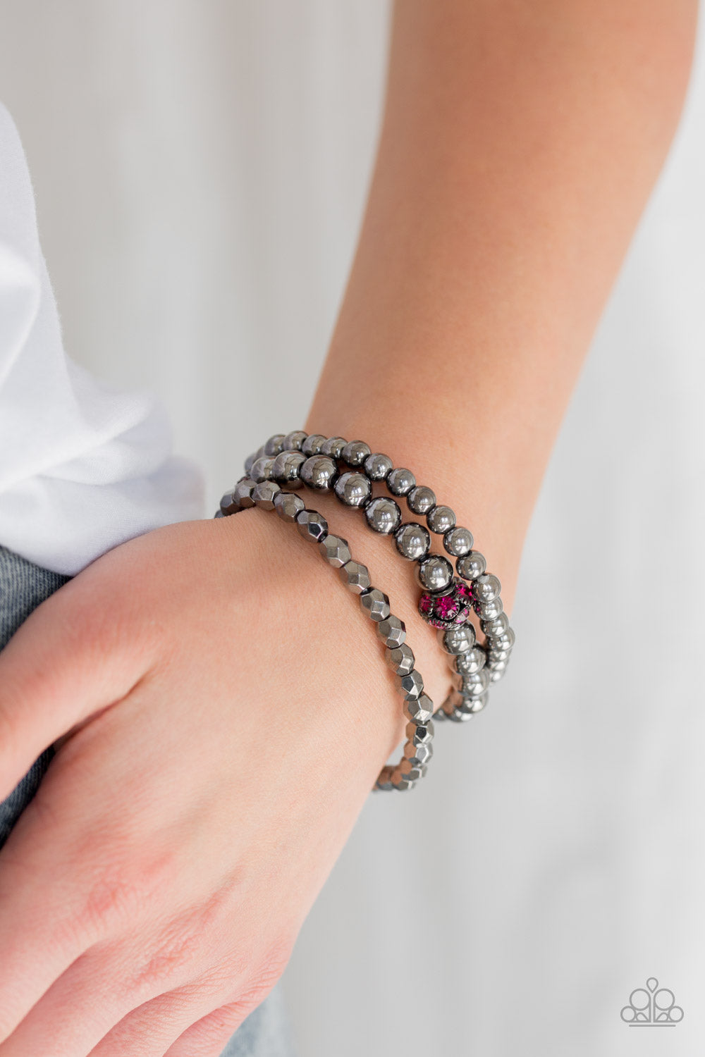 Noticeably Noir - Paparazzi Gunmetal  and Pink Bracelet